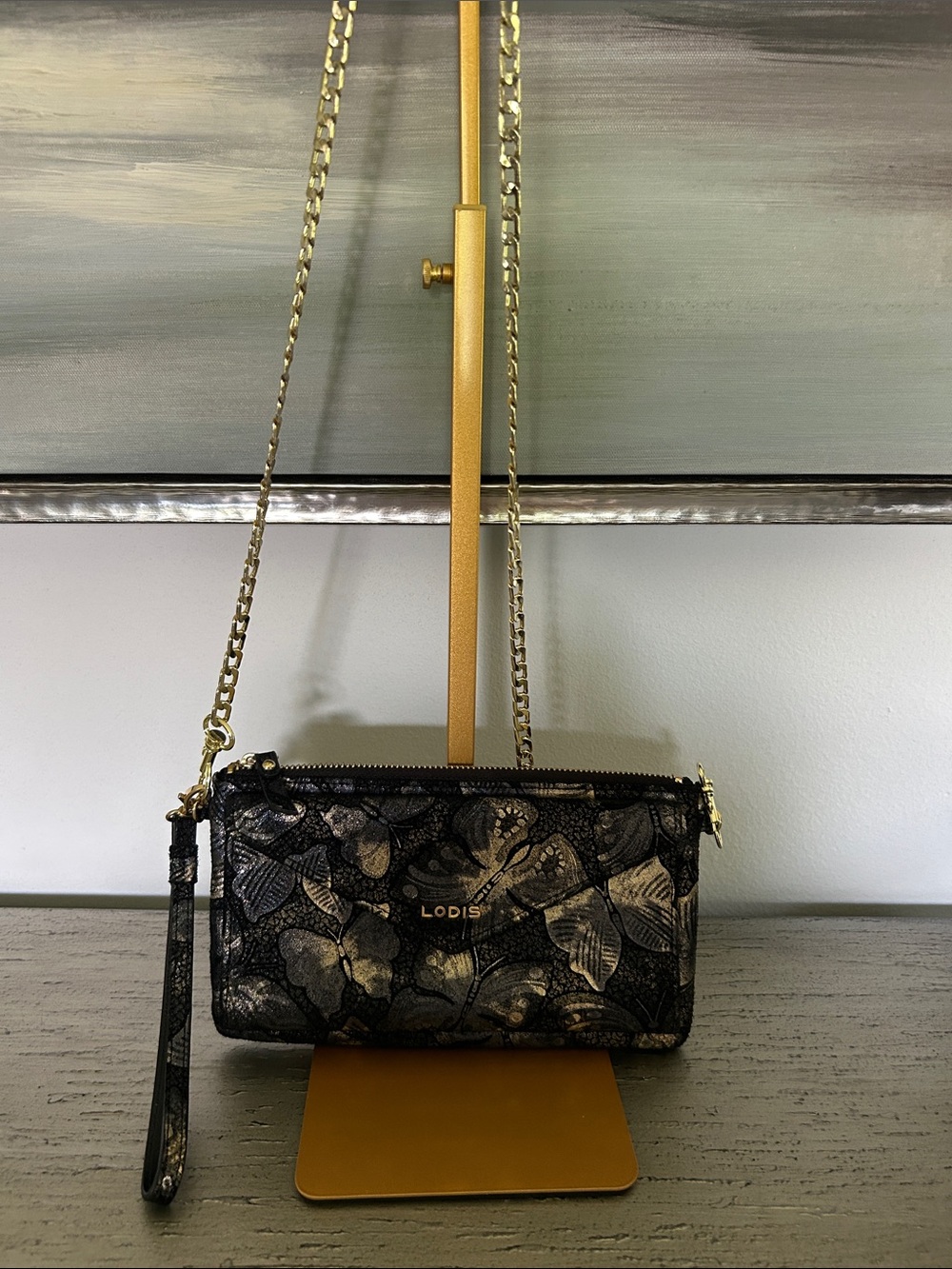 LODIS Black Metallic Butterfly Floral Crossbody Wristlet/Wallet NWOT
